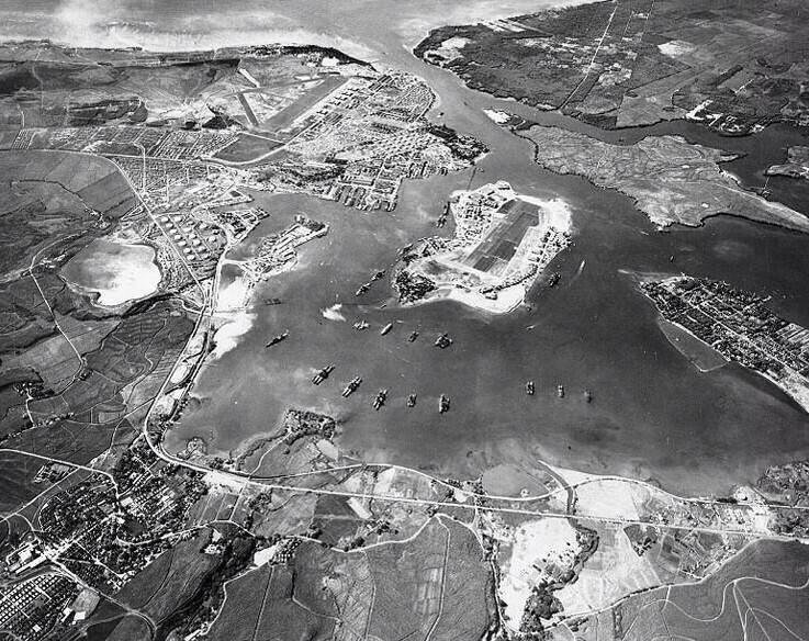 Pearl Harbor from the air a few months prior to the attack showing the entire harbor, Ford Island and Hickam Field.