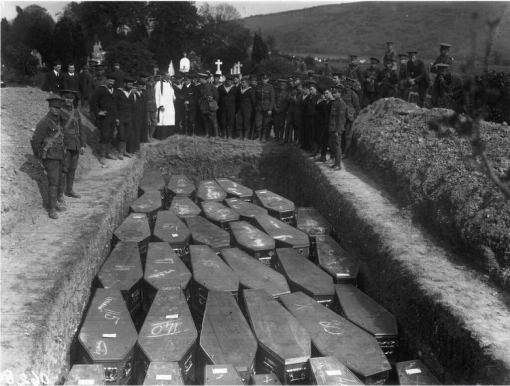 A mass burial in Ireland of victims from the sinking of the Lusitania in which 1,193 people died; 1915