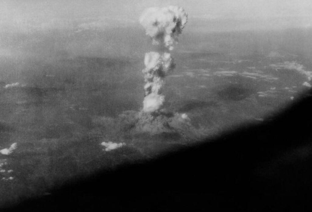 The view from the B-29 Bomber Enola Gay moments after it dropped the first wartime atomic bomb on Hiroshima, Japan. 1945. The explosion immediately killed an estimated 80,000 people.