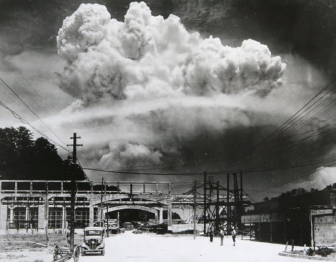 Photo taken by Hiromichi Matsuda shows Nagasaki moments after the Fat Man bomb was dropped in 1945. The yield of the explosion was estimated at 21 kilotons, 40 percent greater than that of the Hiroshima bomb. It is believed that around 74,000 people died in Nagasaki as a result